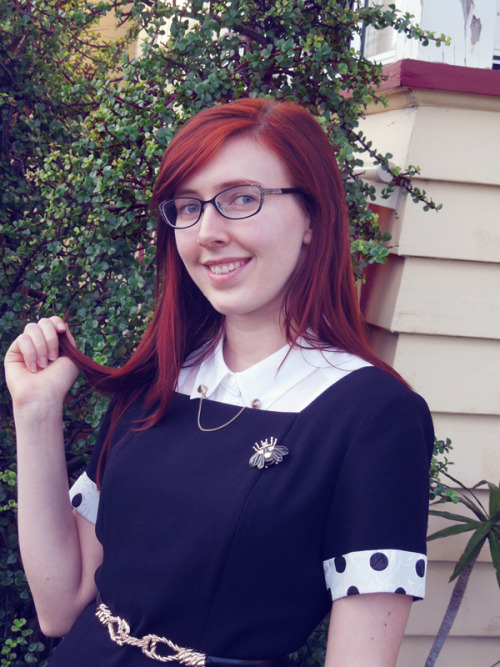 Le Zinc Vintage dress, Target polkadot blouse, Lovisa Beetle Brooch, Stud Collar Clips