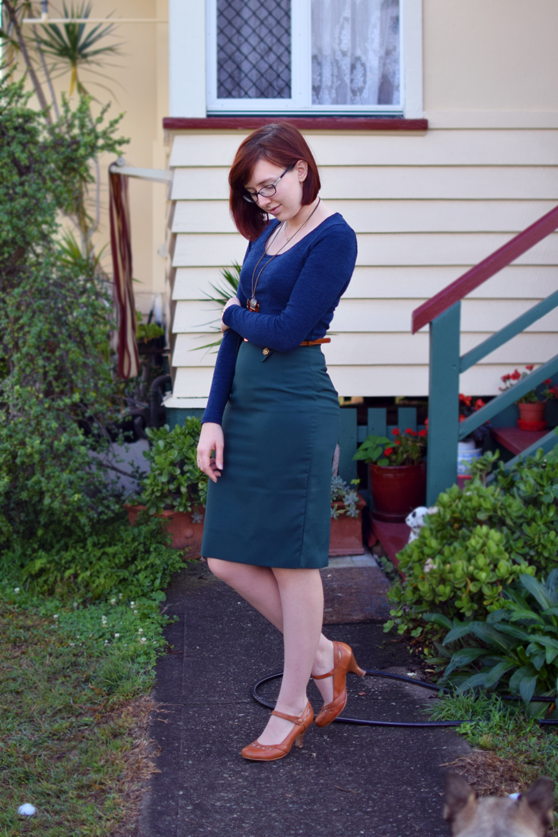 handmade green pencil skirt aldi wool top wittner tan maryjane heels