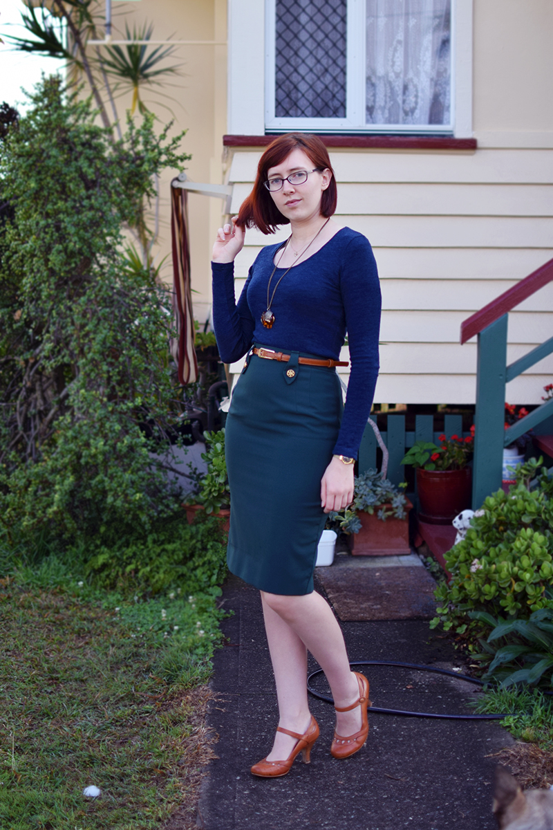 handmade green pencil skirt aldi wool top wittner tan maryjane heels