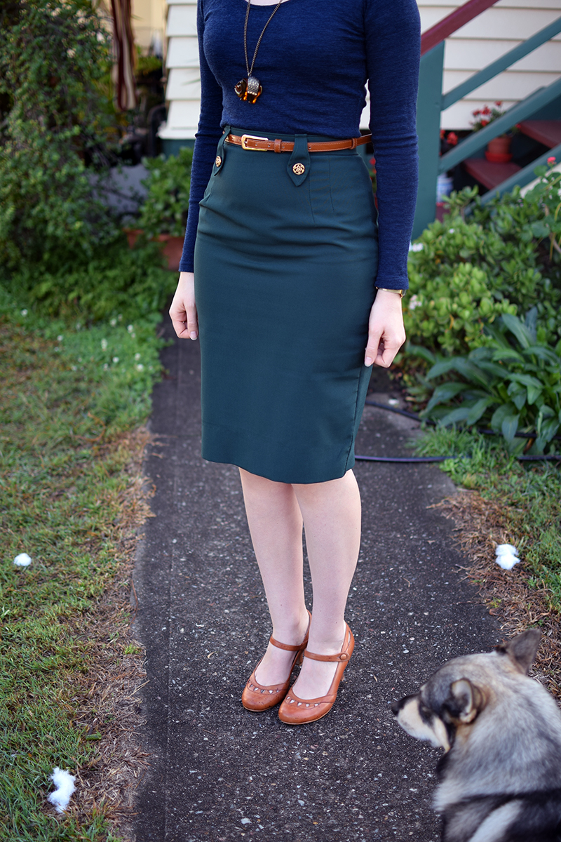 handmade green pencil skirt aldi wool top wittner tan maryjane heels